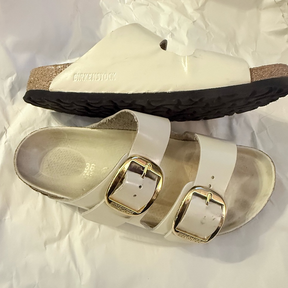 Birkenstock Cream Sandals with Gold Buckles